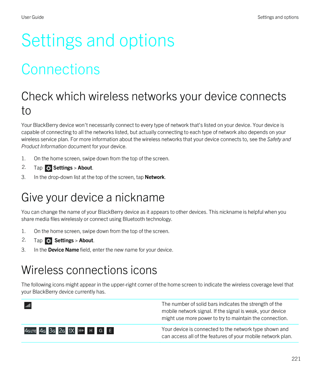 Blackberry Q5 manual Connections, Check which wireless networks your device connects to, Wireless connections icons 