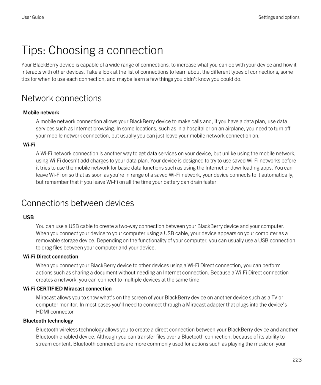 Blackberry Q5 manual Tips Choosing a connection, Network connections, Connections between devices 