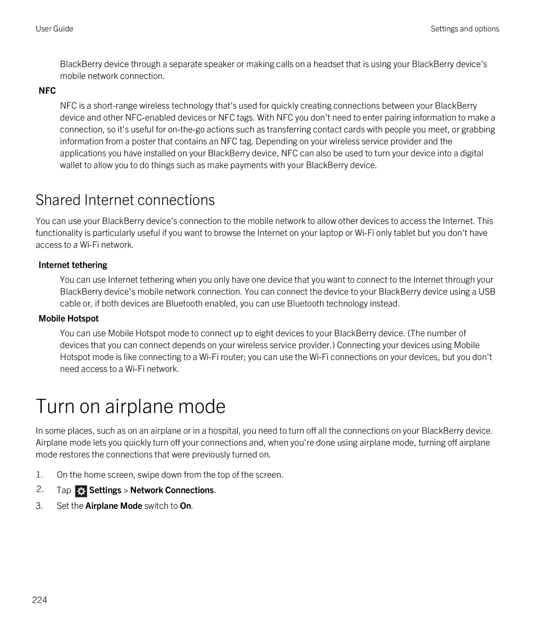 Blackberry Q5 manual Turn on airplane mode, Shared Internet connections, Internet tethering, Mobile Hotspot 