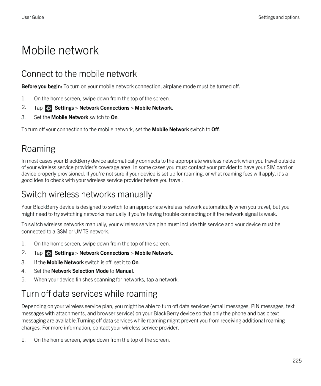 Blackberry Q5 Mobile network, Connect to the mobile network, Roaming, Switch wireless networks manually 