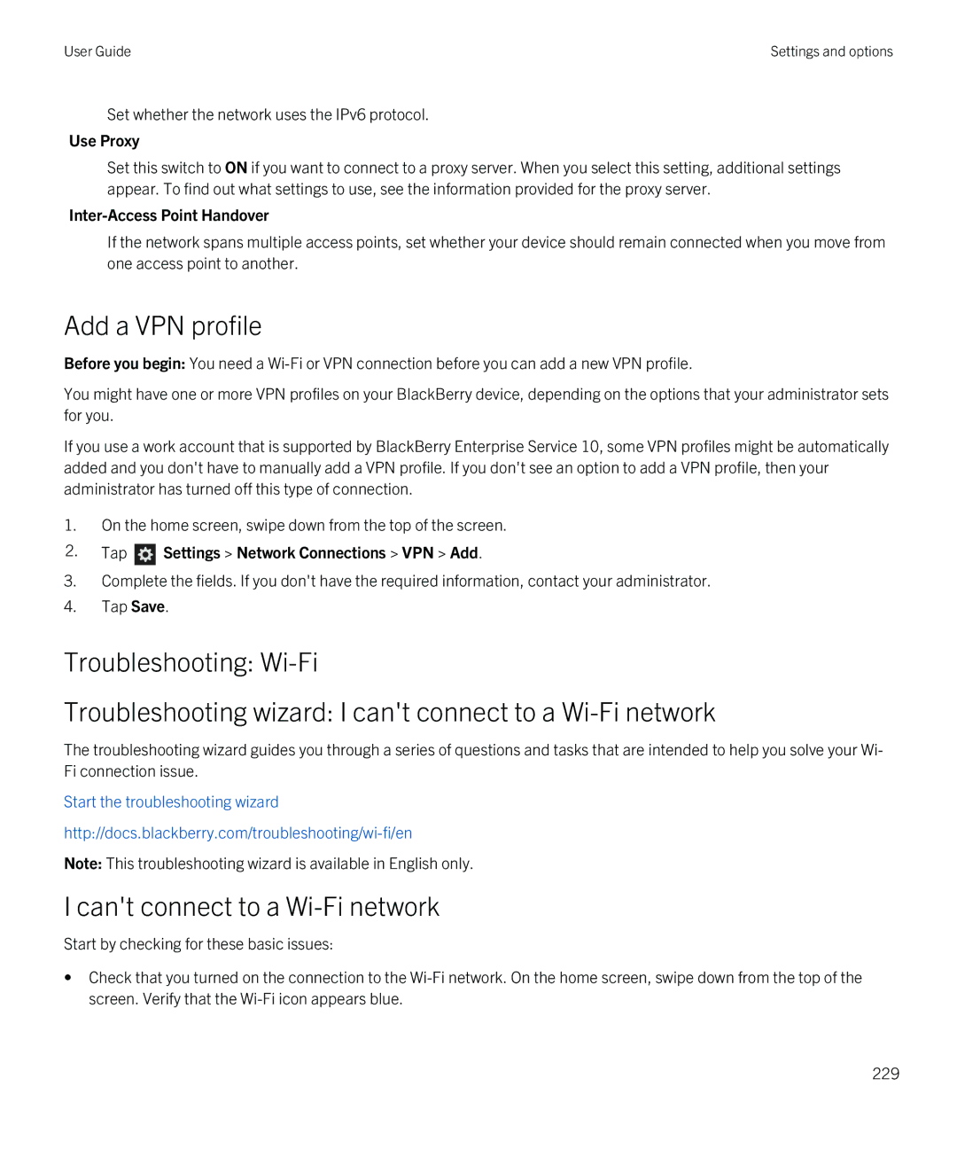 Blackberry Q5 manual Cant connect to a Wi-Fi network, Use Proxy, Inter-Access Point Handover 