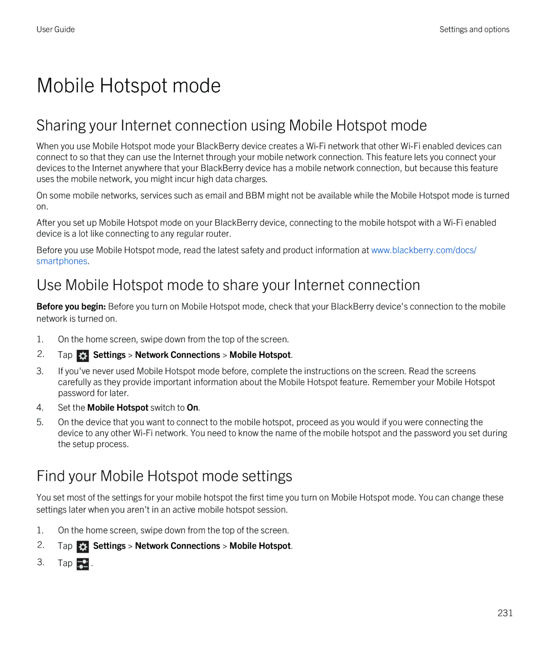 Blackberry Q5 manual Sharing your Internet connection using Mobile Hotspot mode, Find your Mobile Hotspot mode settings 