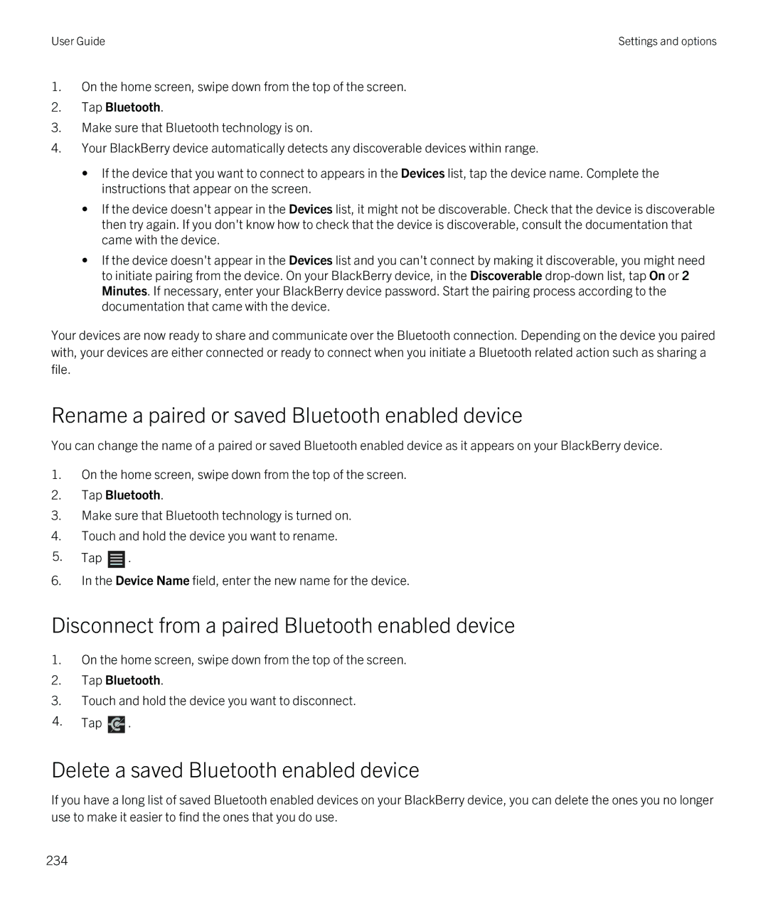 Blackberry Q5 manual Rename a paired or saved Bluetooth enabled device, Disconnect from a paired Bluetooth enabled device 