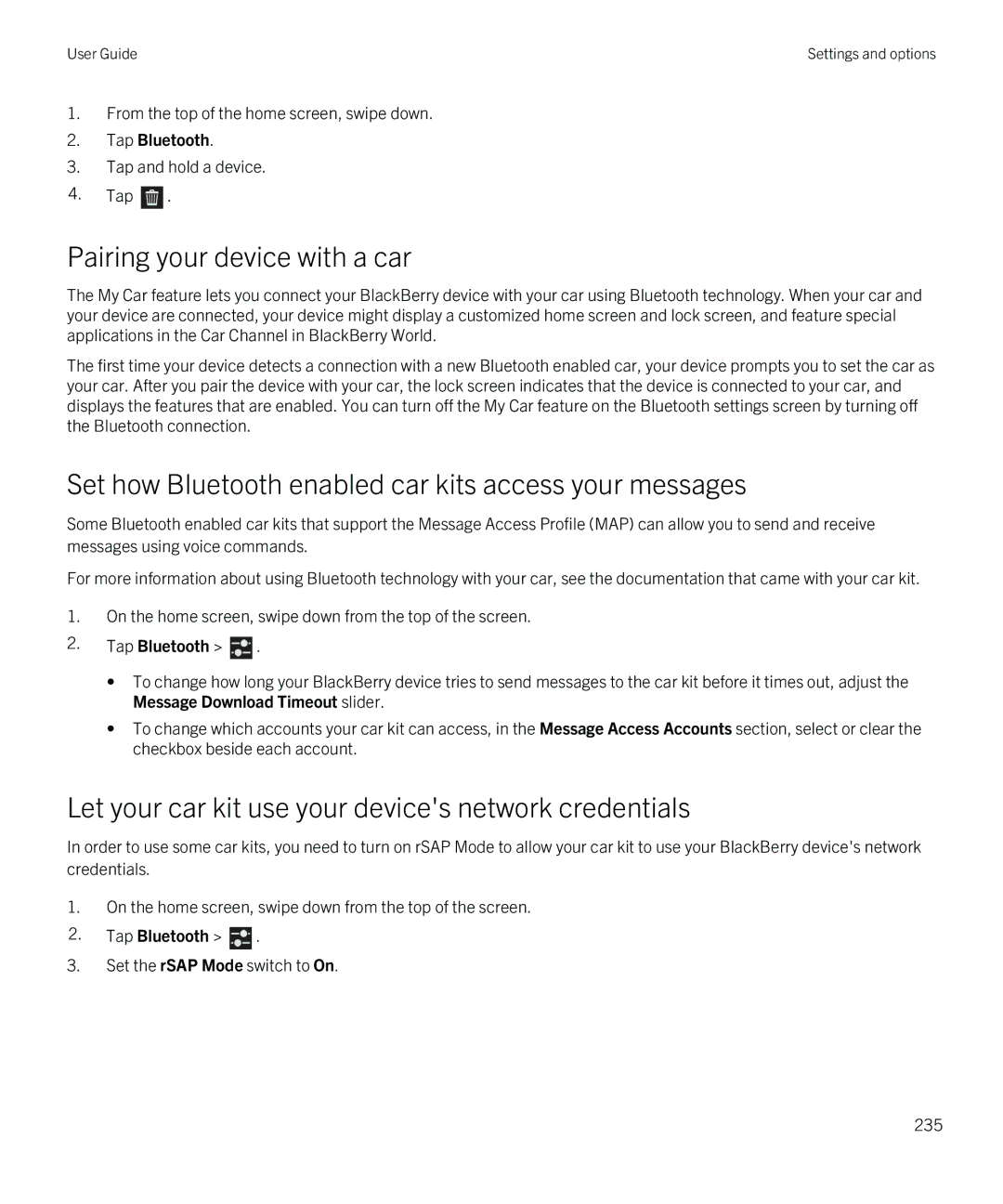 Blackberry Q5 manual Pairing your device with a car, Set how Bluetooth enabled car kits access your messages 