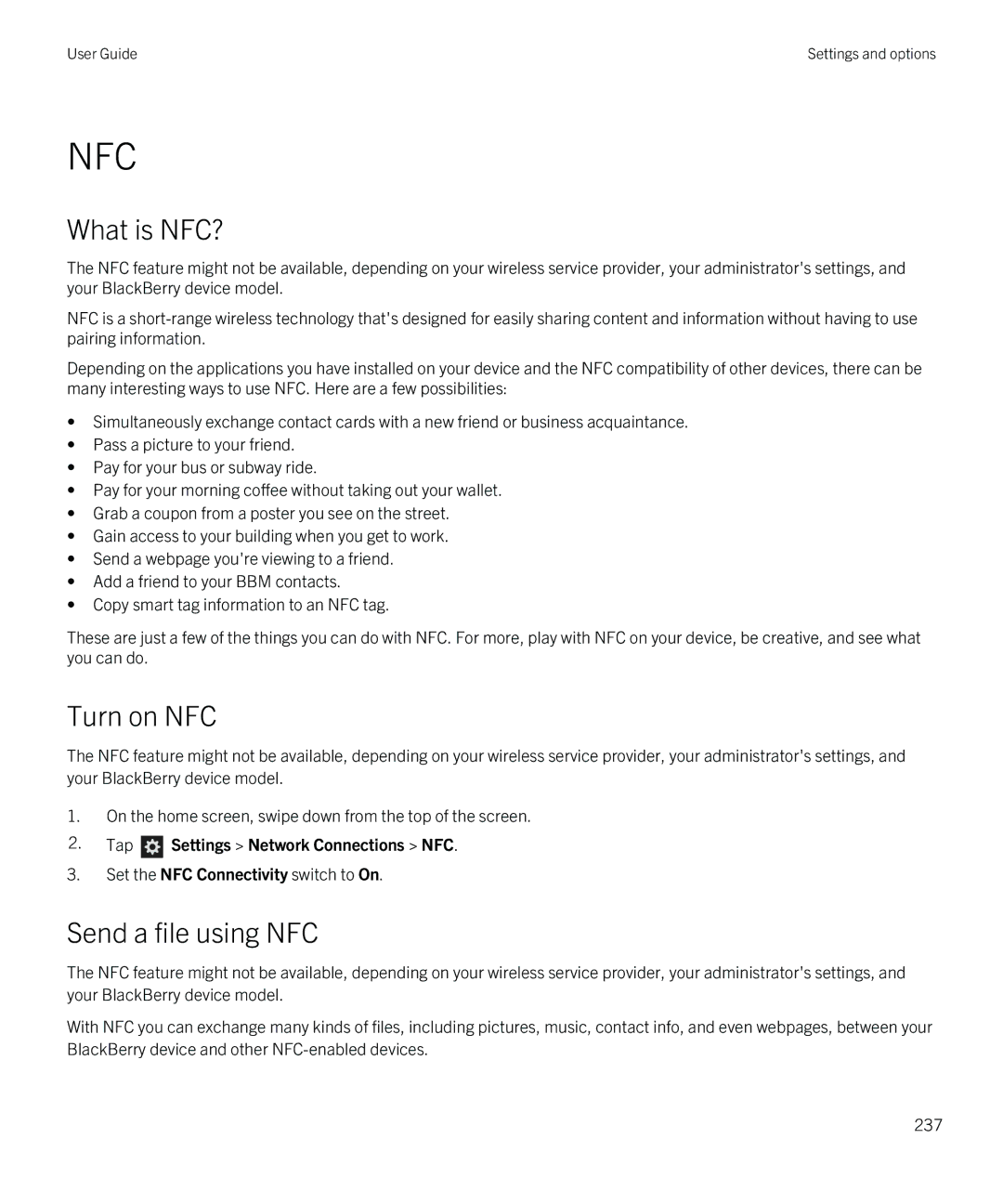 Blackberry Q5 manual What is NFC?, Turn on NFC, Send a file using NFC, Tap Settings Network Connections NFC 