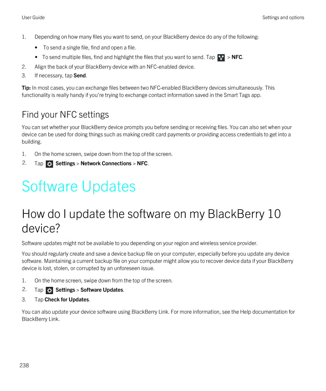 Blackberry Q5 manual Software Updates, How do I update the software on my BlackBerry 10 device?, Find your NFC settings 