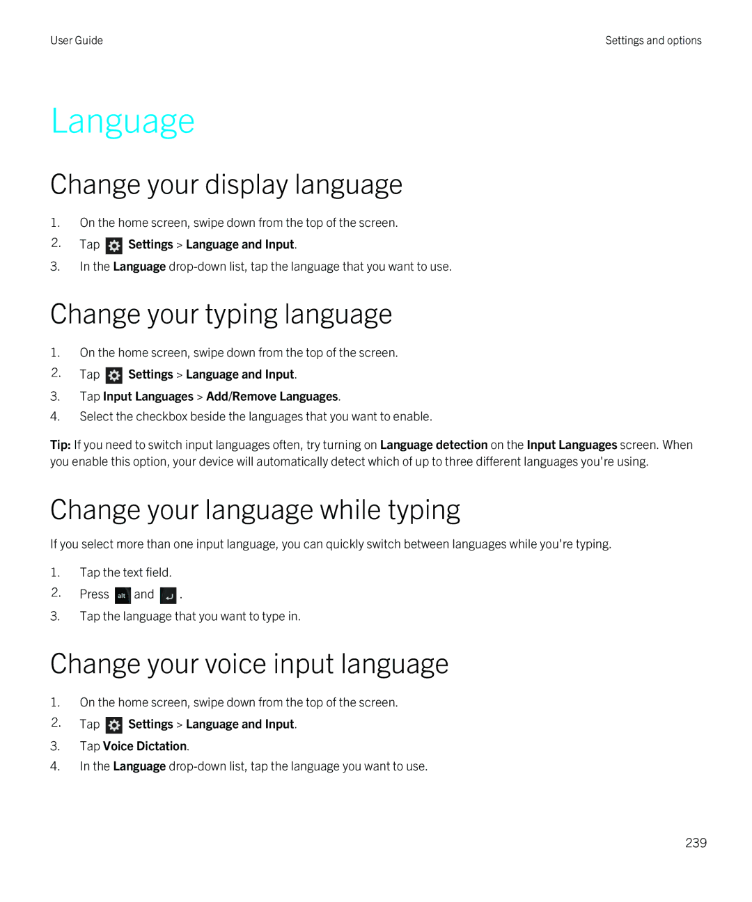 Blackberry Q5 Language, Change your typing language, Change your language while typing, Change your voice input language 