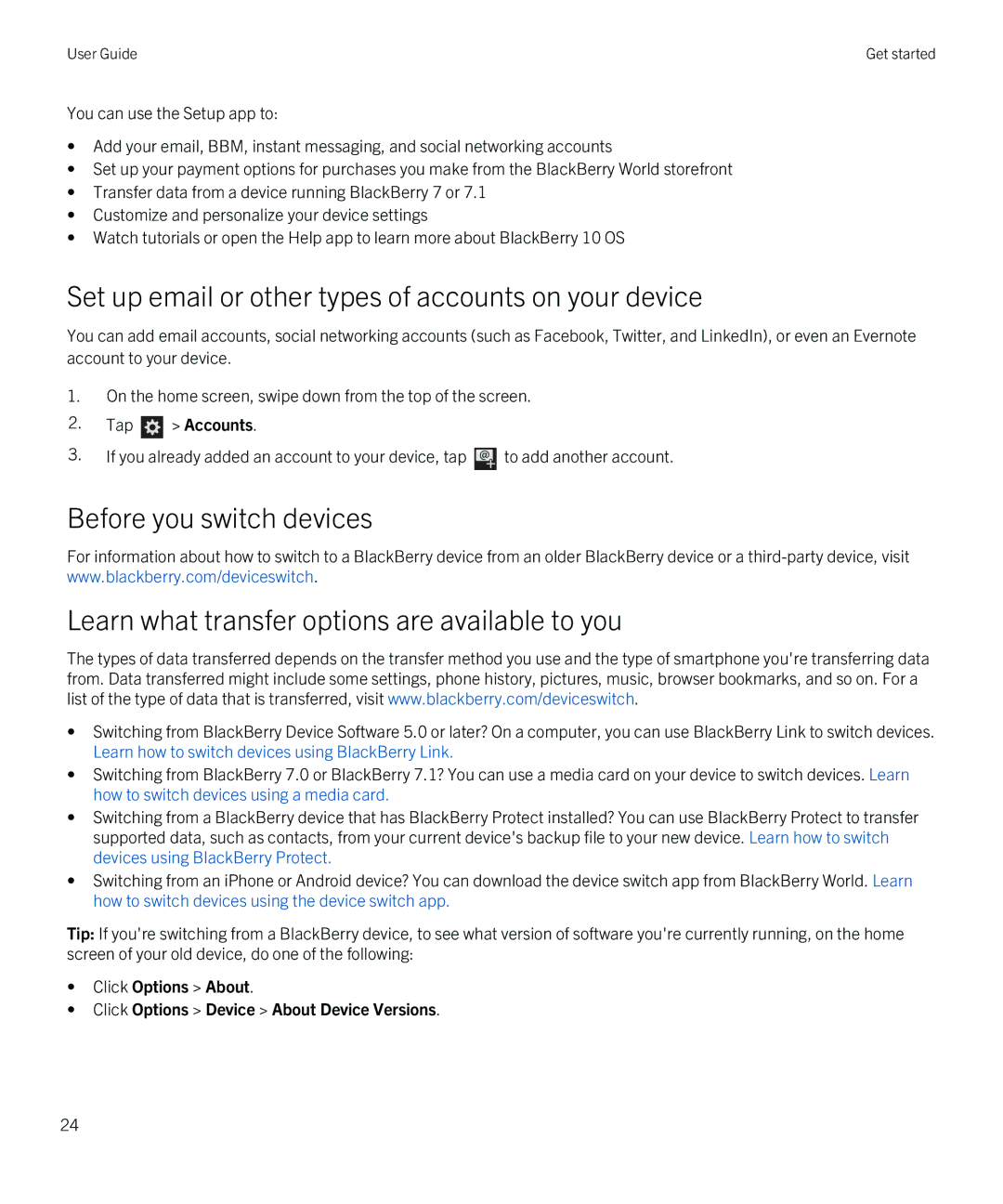 Blackberry Q5 manual Set up email or other types of accounts on your device 