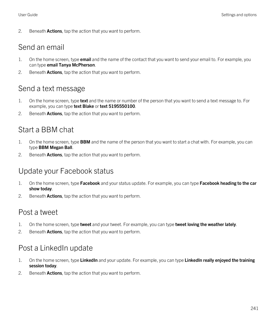 Blackberry Q5 manual Send an email, Send a text message, Start a BBM chat, Update your Facebook status, Post a tweet 
