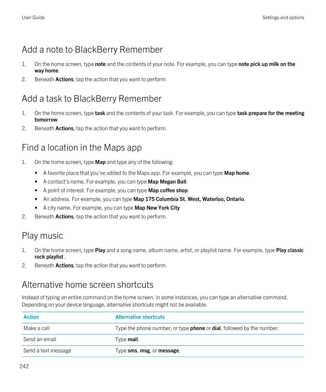 Blackberry Q5 manual Add a note to BlackBerry Remember, Add a task to BlackBerry Remember, Find a location in the Maps app 