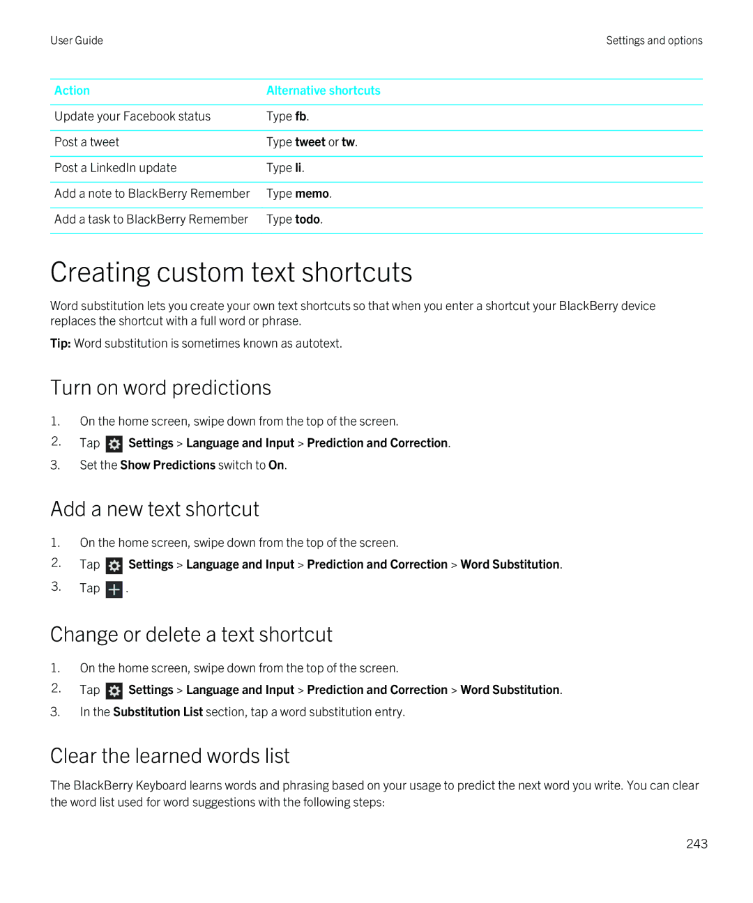 Blackberry Q5 manual Creating custom text shortcuts, Turn on word predictions, Add a new text shortcut 