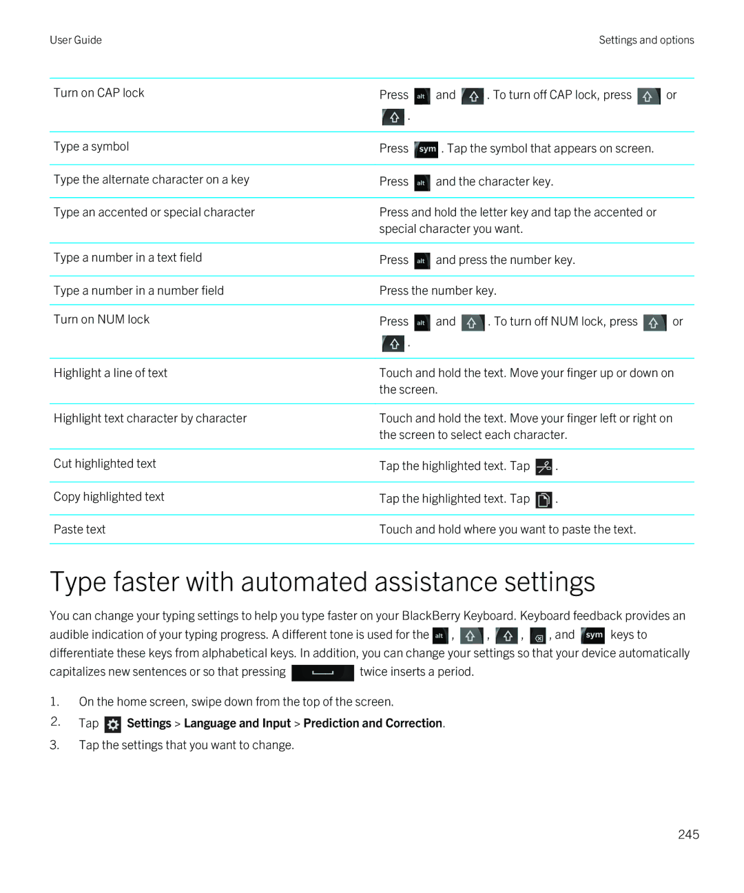 Blackberry Q5 manual Type faster with automated assistance settings 