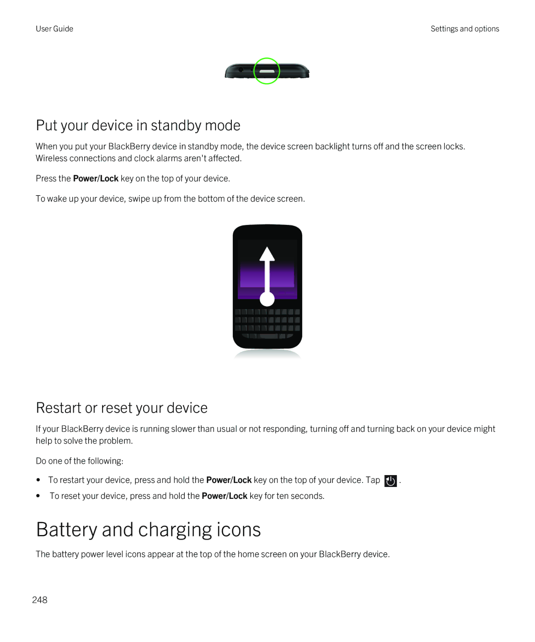 Blackberry Q5 manual Battery and charging icons, Put your device in standby mode 