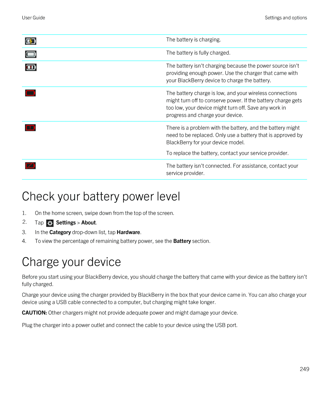 Blackberry Q5 manual Check your battery power level, Charge your device 