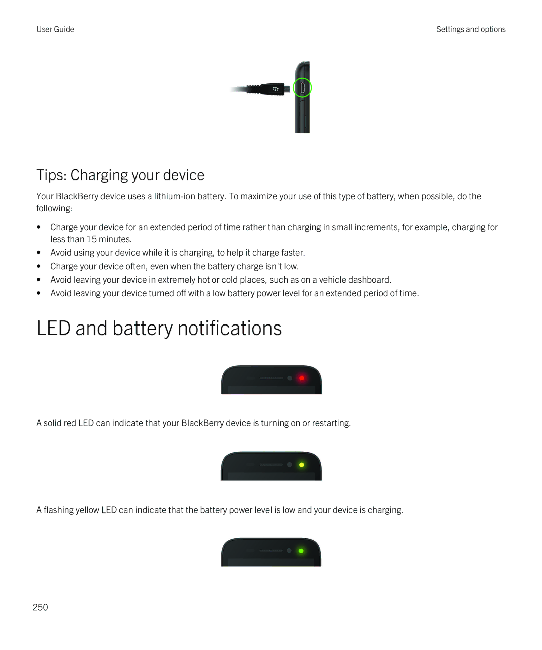 Blackberry Q5 manual LED and battery notifications, Tips Charging your device 