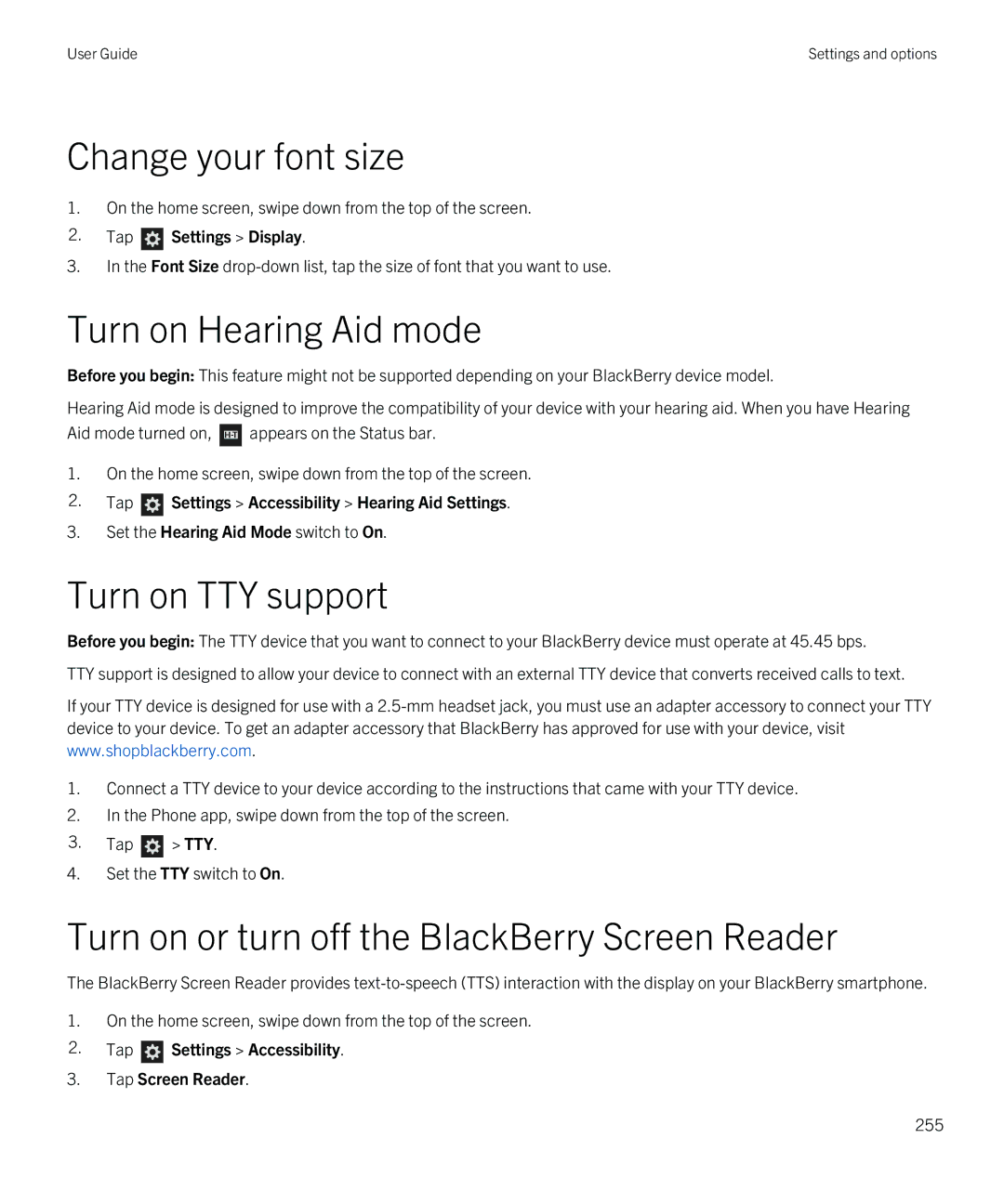 Blackberry Q5 manual Turn on Hearing Aid mode, Turn on TTY support, Turn on or turn off the BlackBerry Screen Reader 