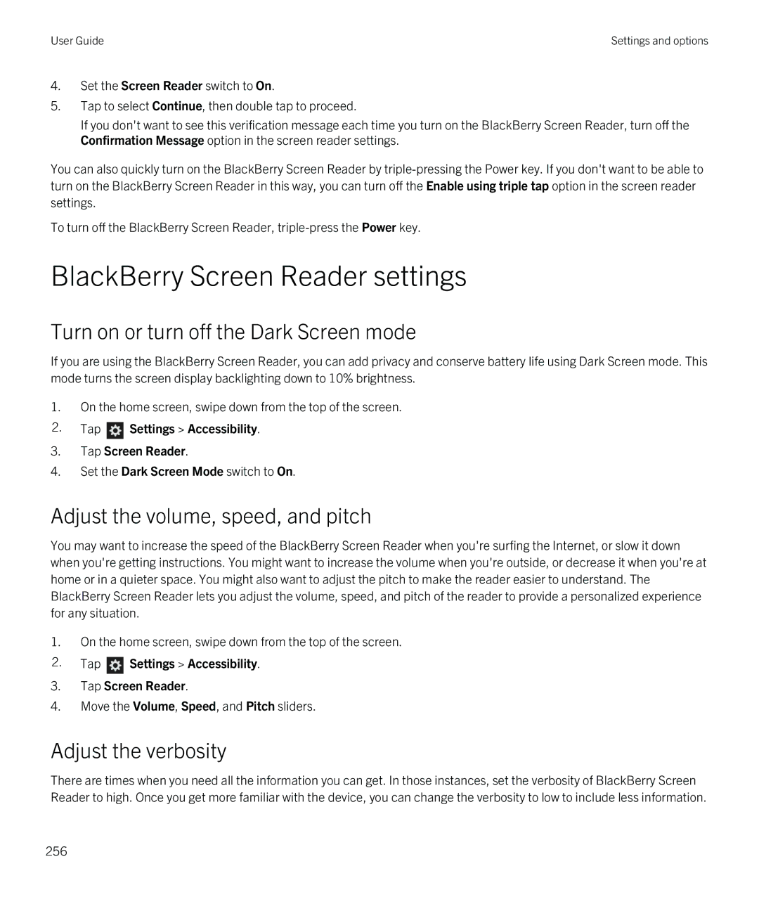 Blackberry Q5 manual BlackBerry Screen Reader settings, Turn on or turn off the Dark Screen mode, Adjust the verbosity 