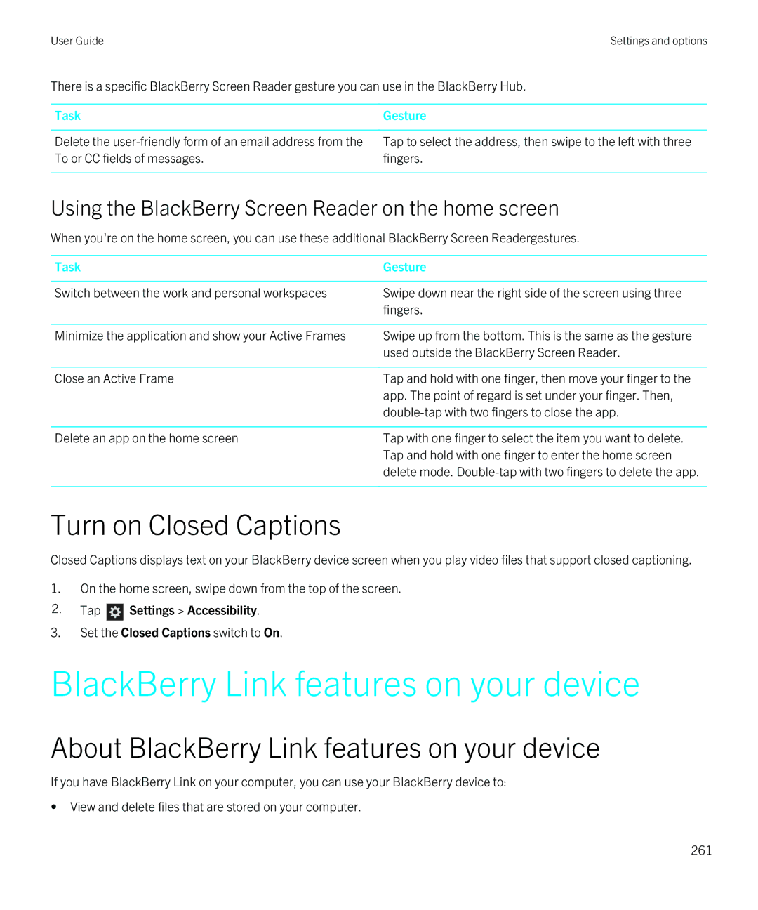 Blackberry Q5 manual BlackBerry Link features on your device, Turn on Closed Captions 