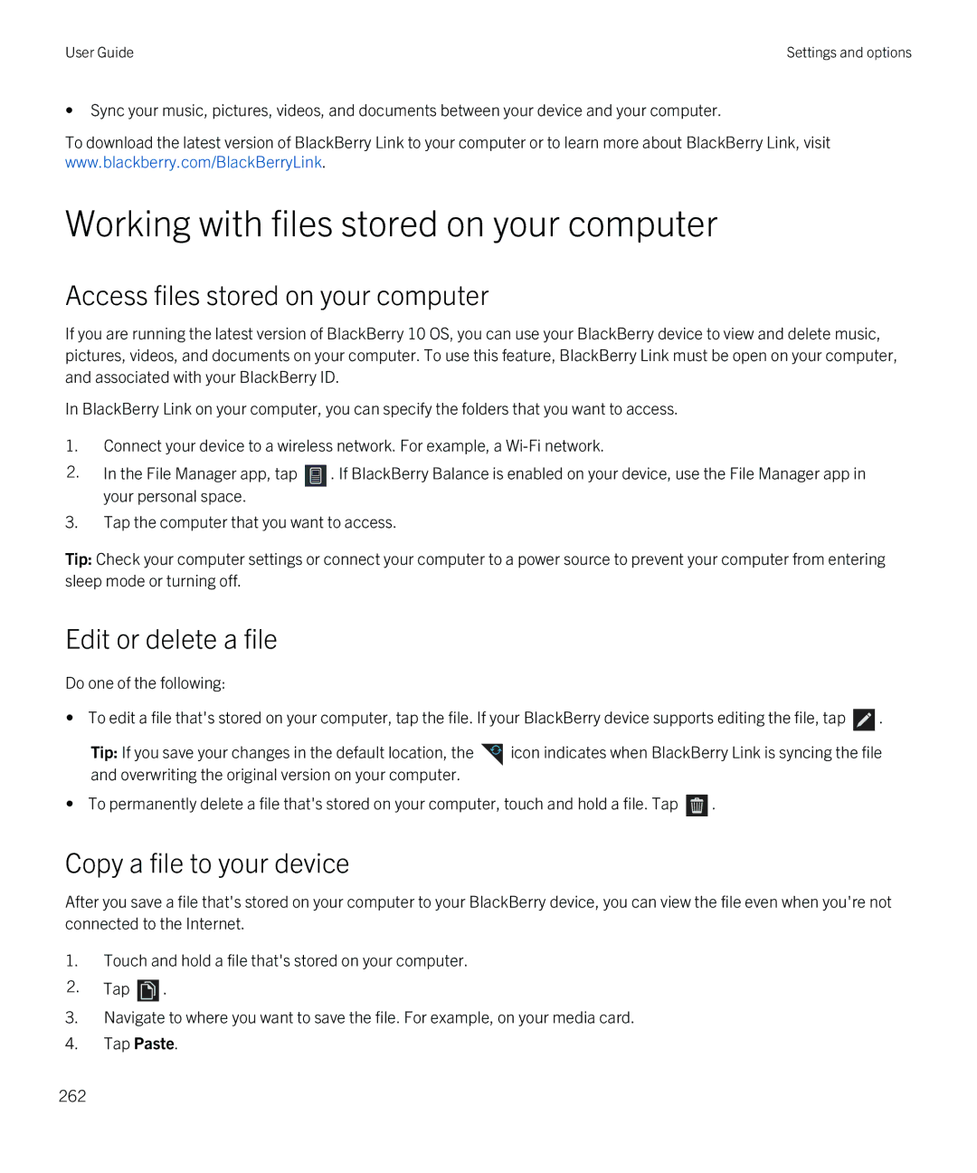 Blackberry Q5 Working with files stored on your computer, Access files stored on your computer, Edit or delete a file 