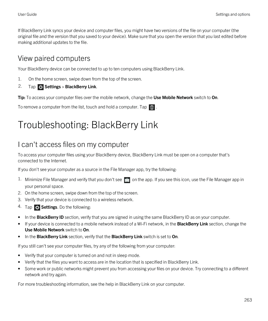 Blackberry Q5 manual Troubleshooting BlackBerry Link, View paired computers, Cant access files on my computer 