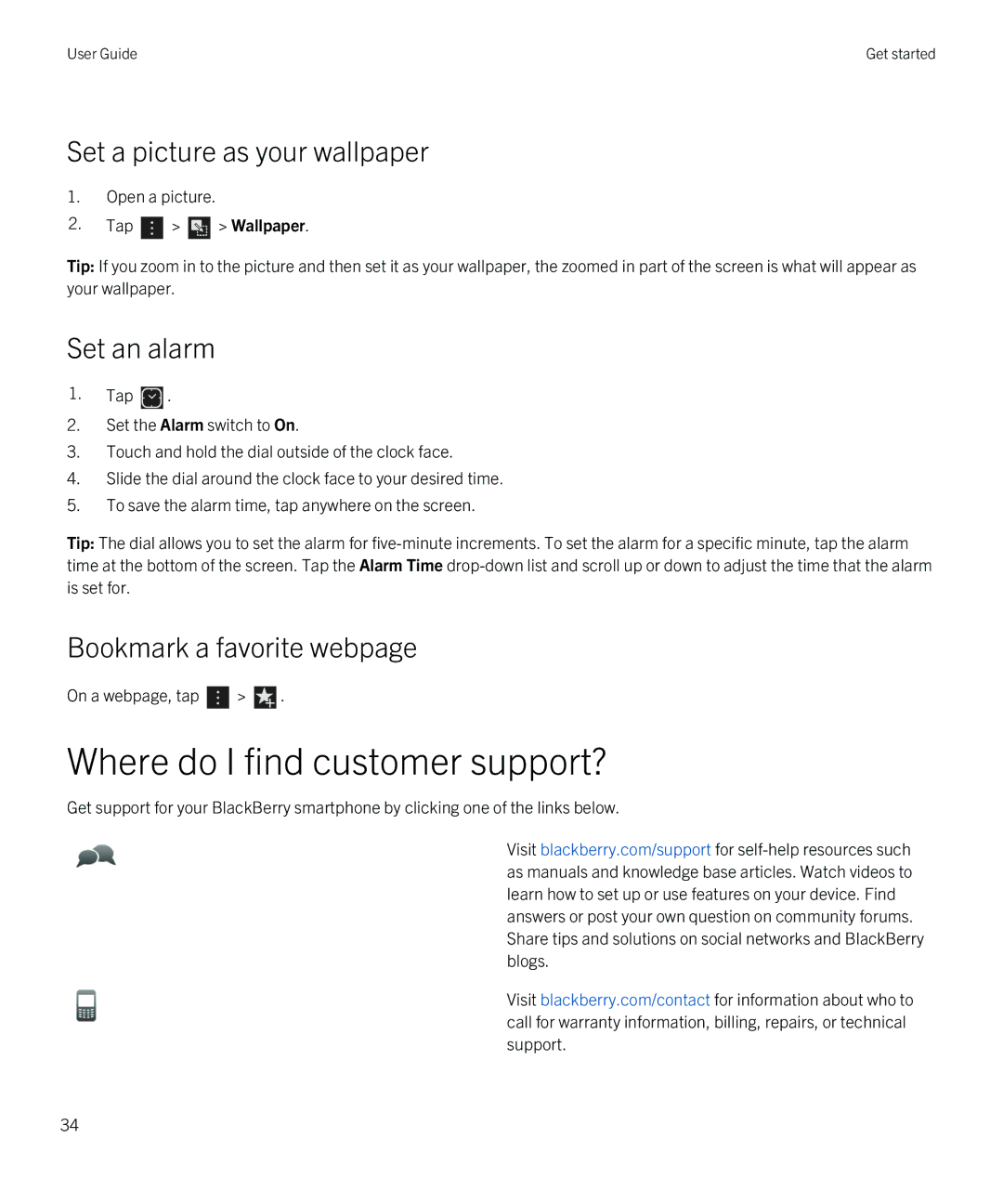 Blackberry Q5 manual Where do I find customer support?, Set a picture as your wallpaper, Set an alarm 