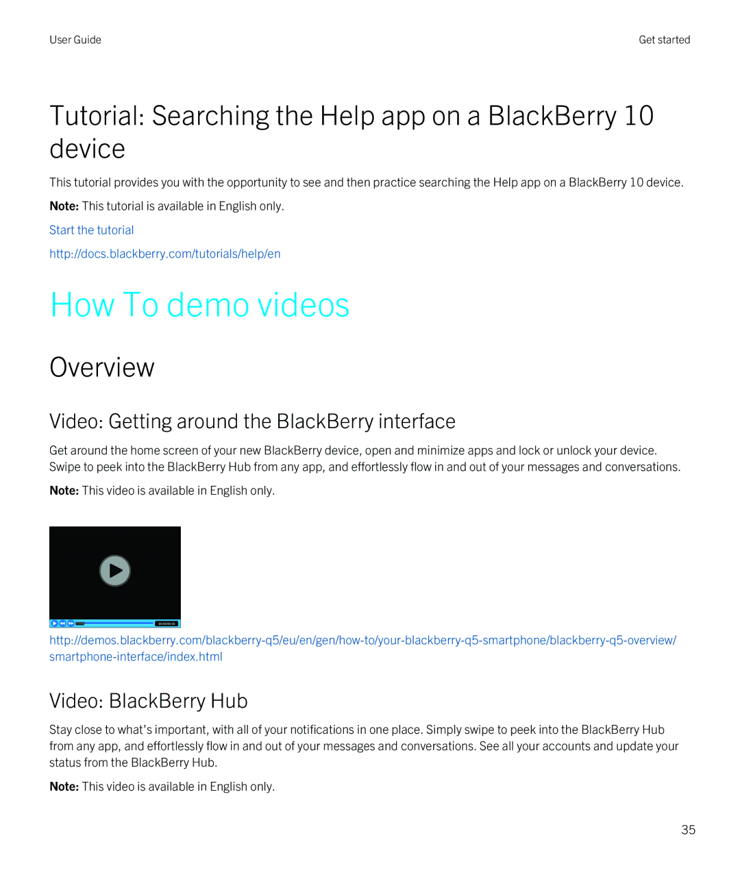 Blackberry Q5 manual How To demo videos, Tutorial Searching the Help app on a BlackBerry 10 device, Overview 