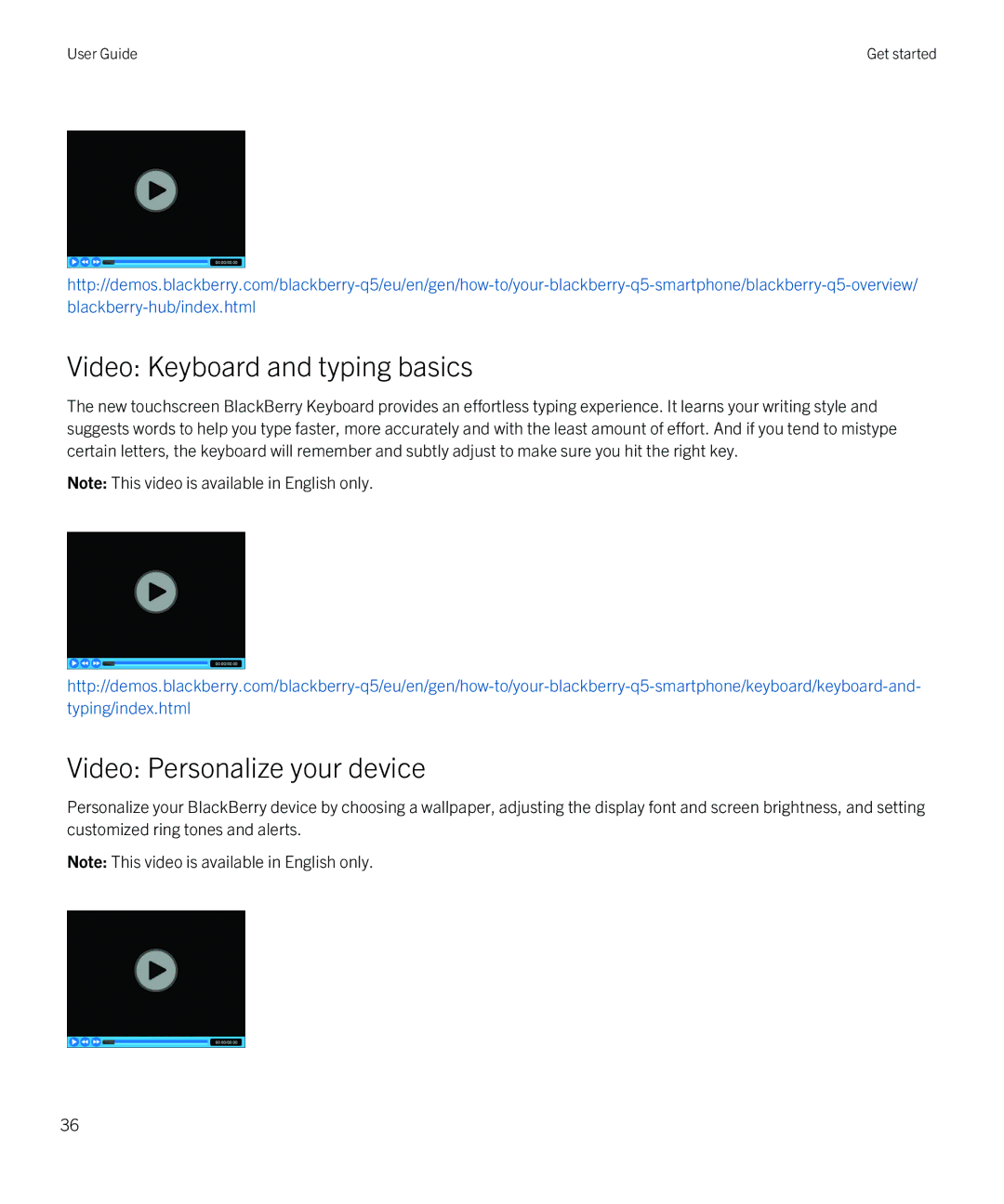 Blackberry Q5 manual Video Keyboard and typing basics, Video Personalize your device 