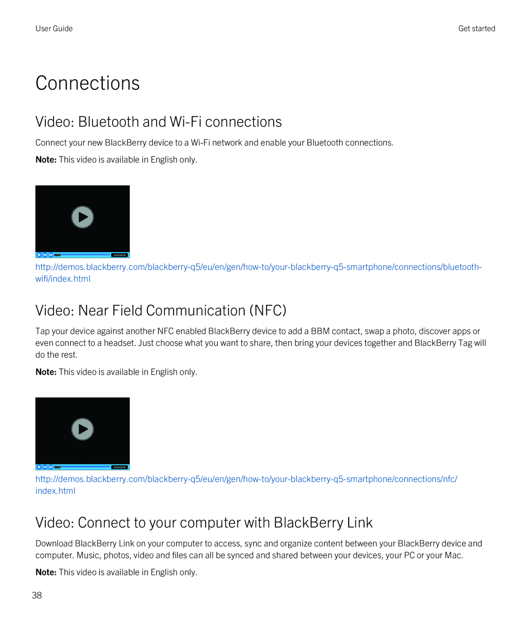 Blackberry Q5 manual Connections, Video Bluetooth and Wi-Fi connections, Video Near Field Communication NFC 