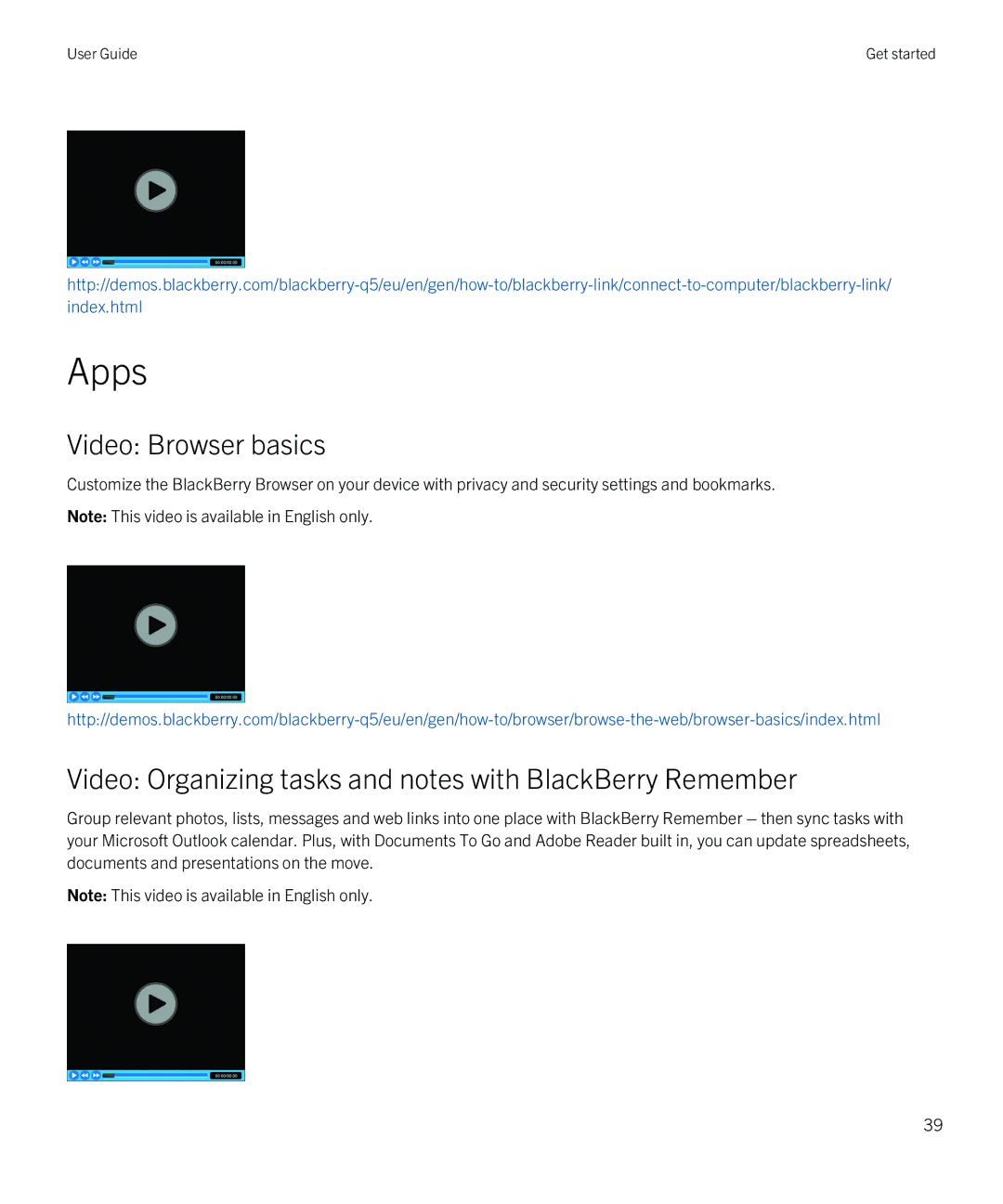 Blackberry Q5 manual Apps, Video Browser basics, Video Organizing tasks and notes with BlackBerry Remember 