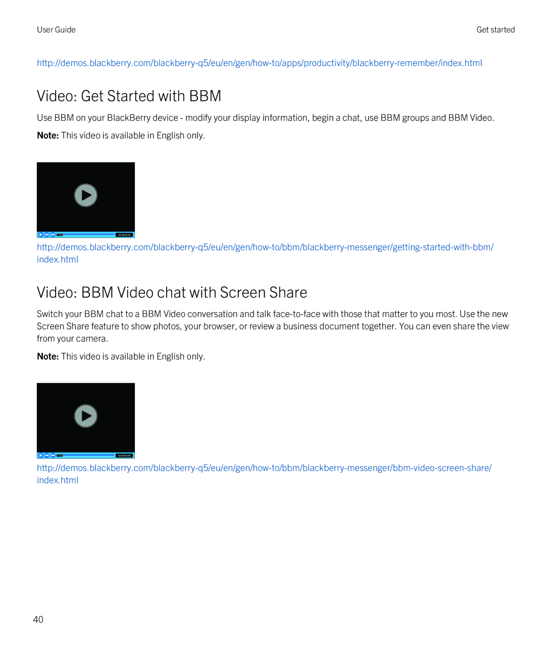 Blackberry Q5 manual Video Get Started with BBM, Video BBM Video chat with Screen Share 