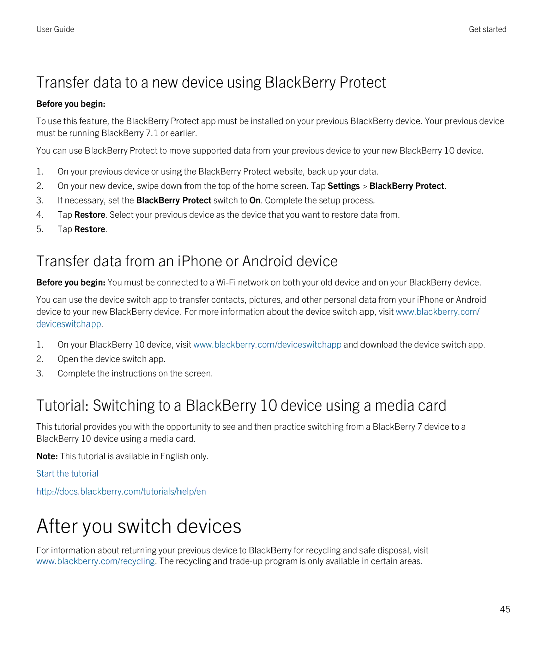 Blackberry Q5 manual After you switch devices, Transfer data to a new device using BlackBerry Protect, Before you begin 