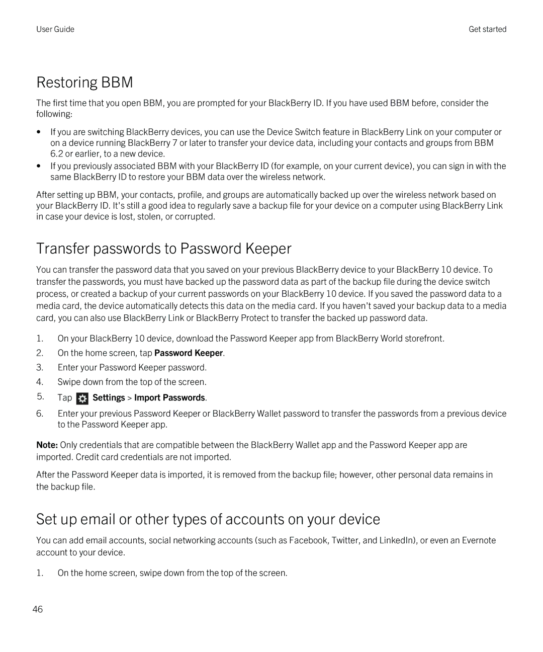 Blackberry Q5 manual Restoring BBM, Transfer passwords to Password Keeper, Tap Settings Import Passwords 