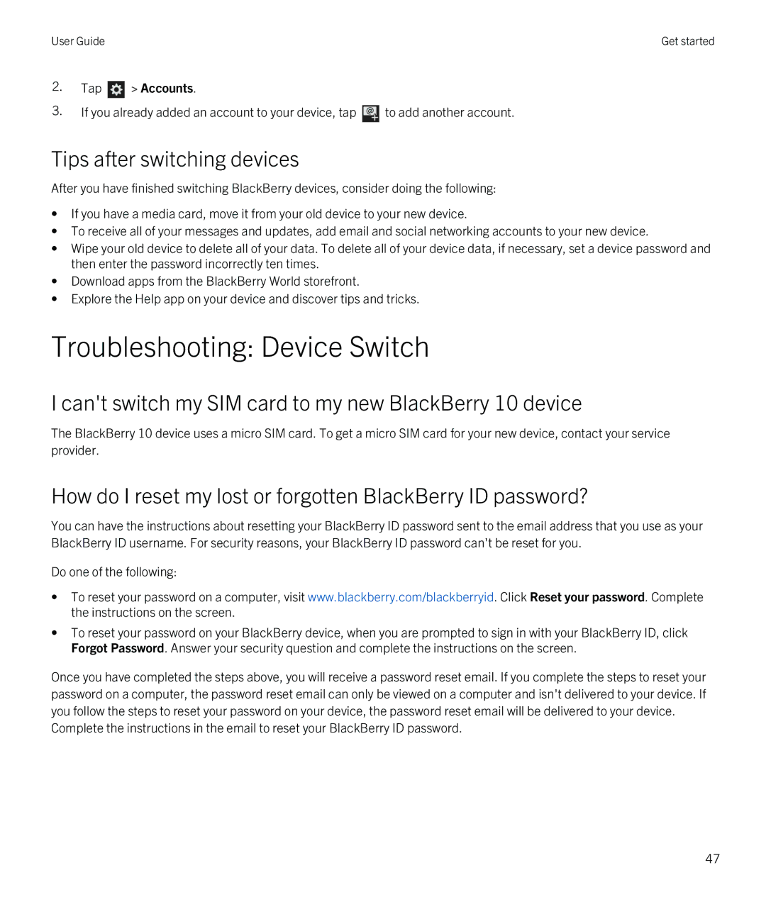 Blackberry Q5 manual Troubleshooting Device Switch, Tips after switching devices 