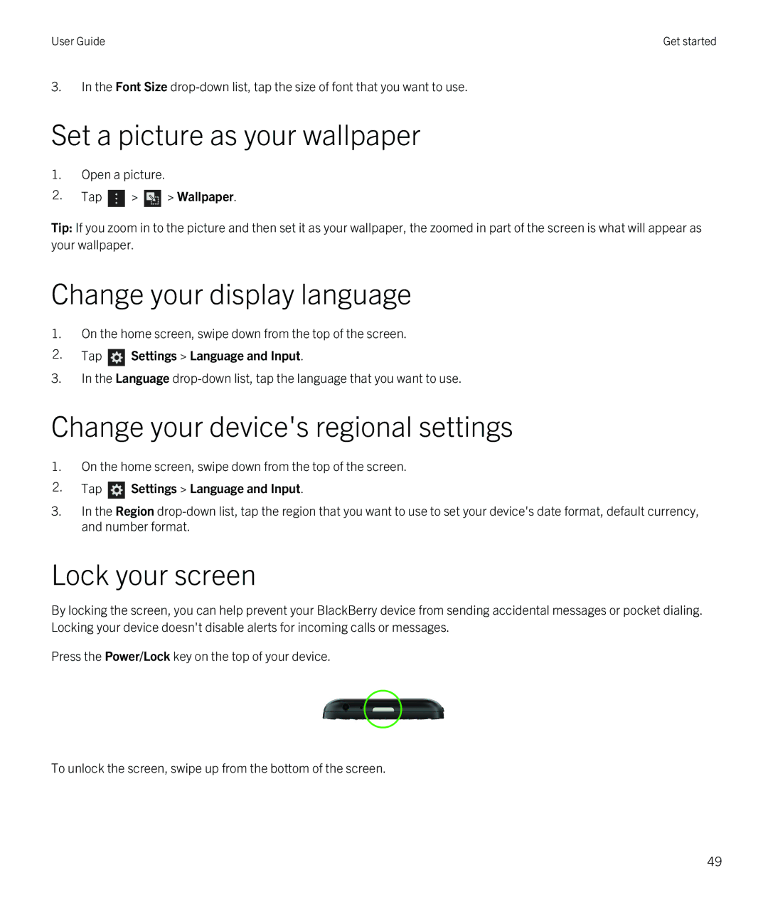 Blackberry Q5 manual Set a picture as your wallpaper, Change your display language, Change your devices regional settings 