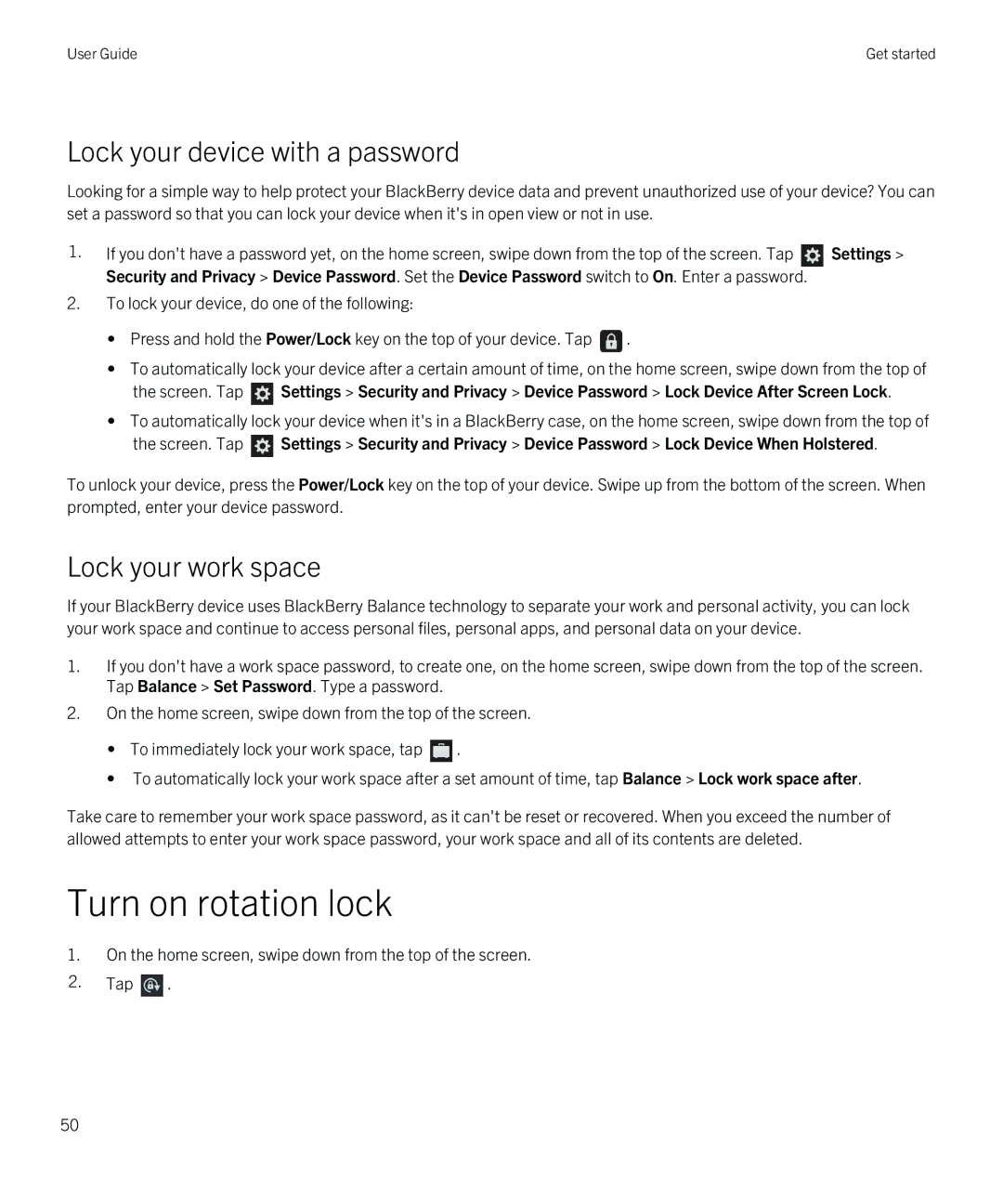 Blackberry Q5 manual Turn on rotation lock, Lock your device with a password, Lock your work space 