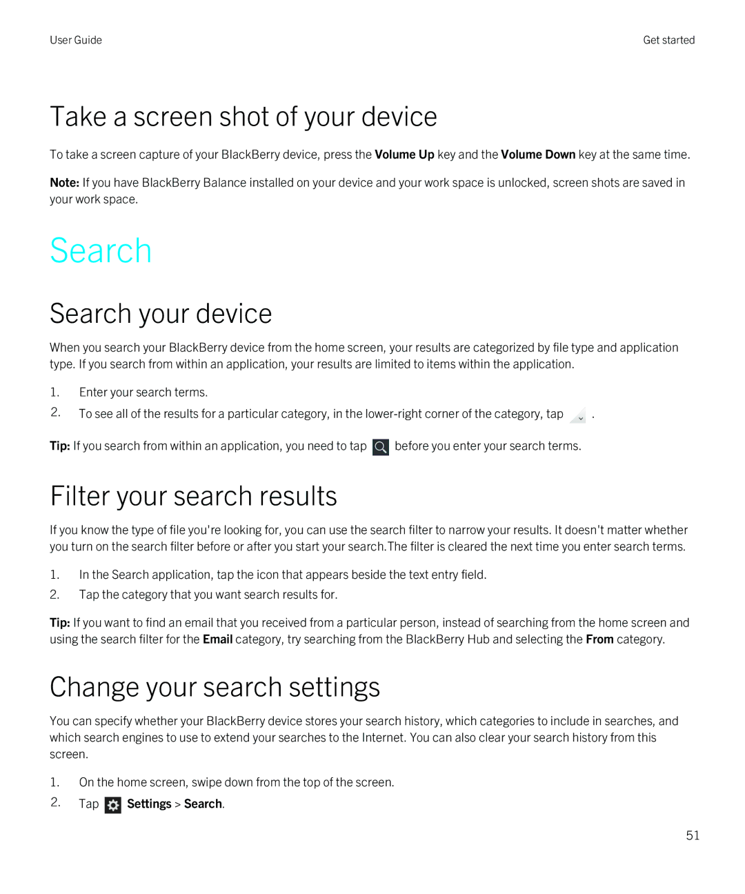 Blackberry Q5 manual Take a screen shot of your device, Search your device, Filter your search results 