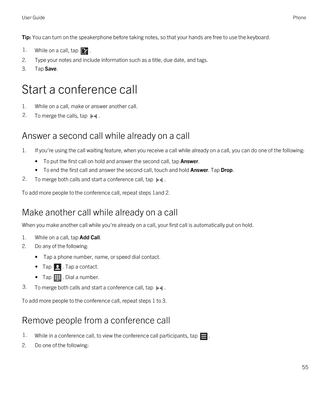 Blackberry Q5 Start a conference call, Answer a second call while already on a call, Remove people from a conference call 