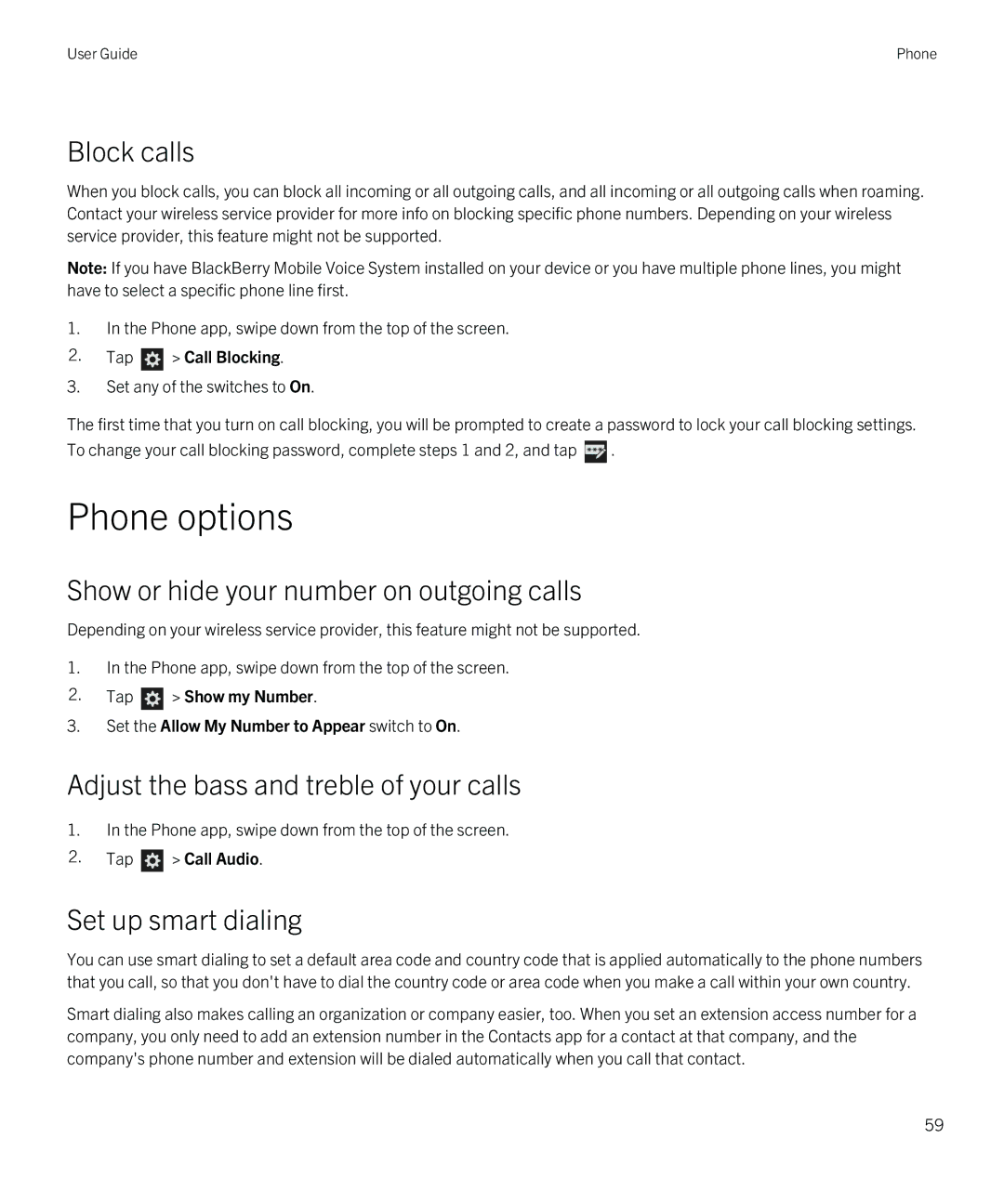 Blackberry Q5 manual Phone options, Block calls, Show or hide your number on outgoing calls, Set up smart dialing 