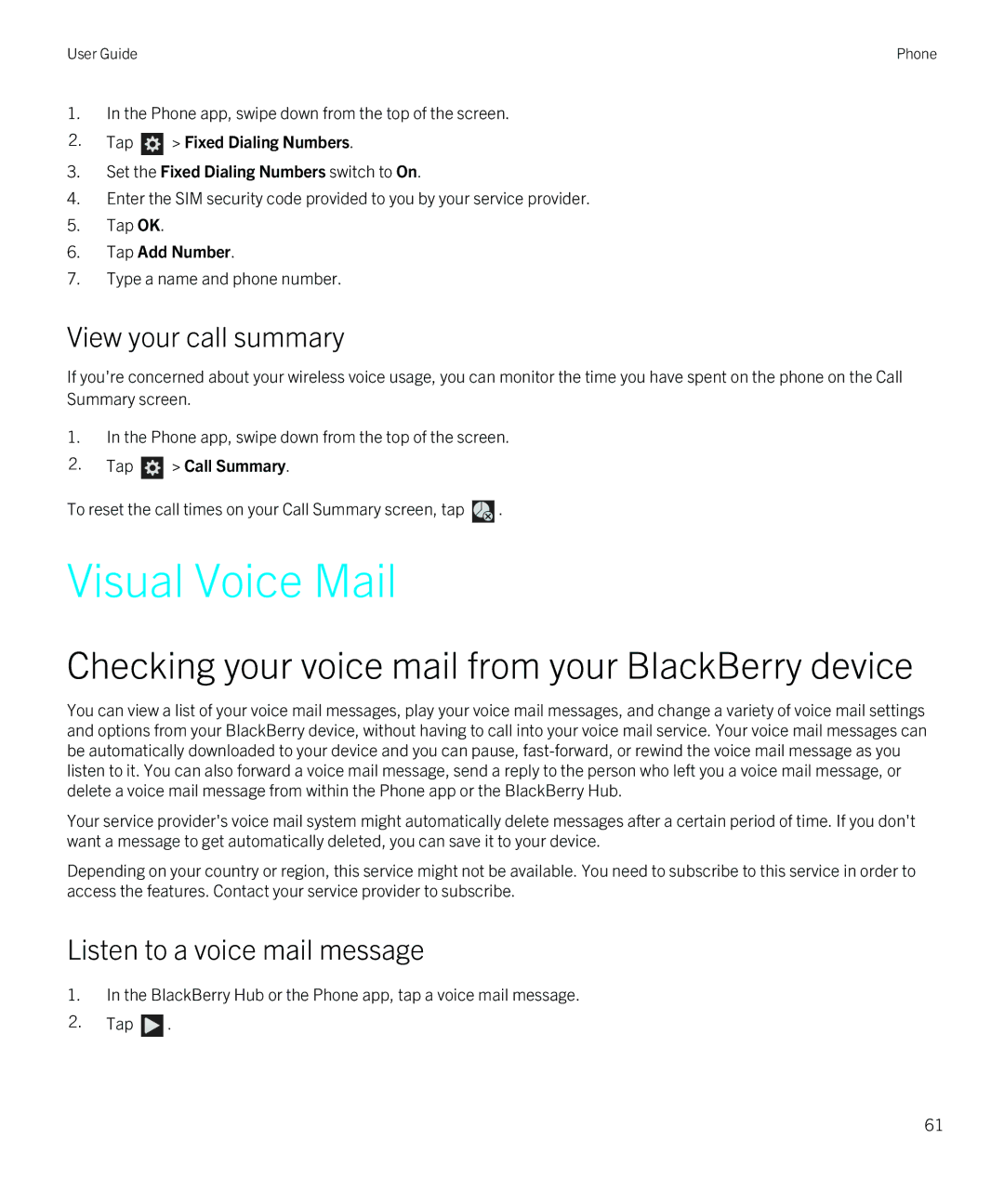 Blackberry Q5 manual Visual Voice Mail, Checking your voice mail from your BlackBerry device, View your call summary 