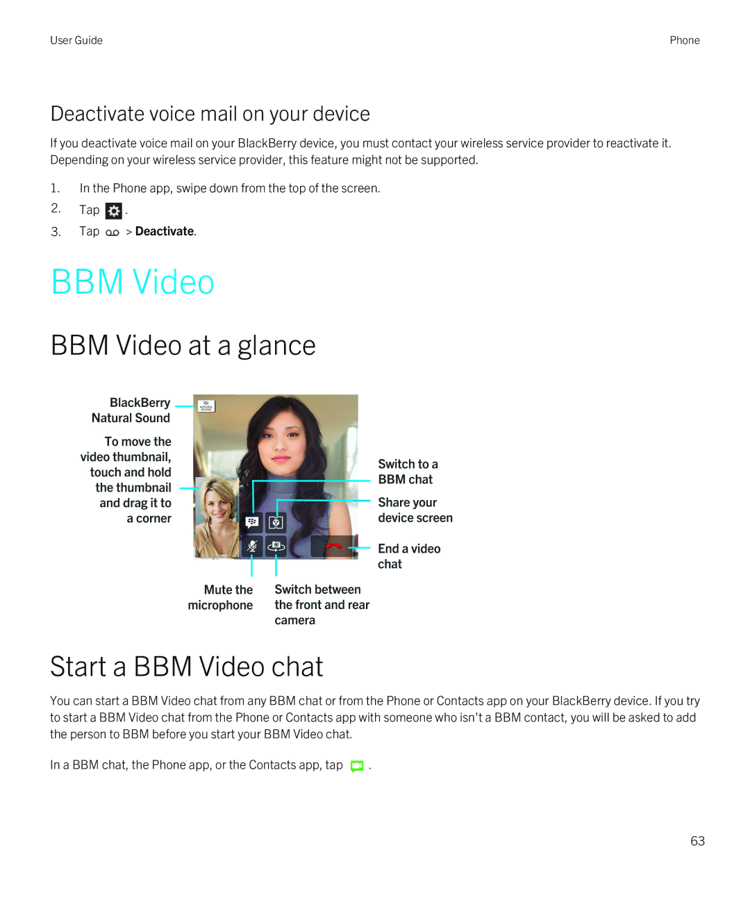 Blackberry Q5 manual BBM Video at a glance Start a BBM Video chat, Deactivate voice mail on your device, Tap Deactivate 