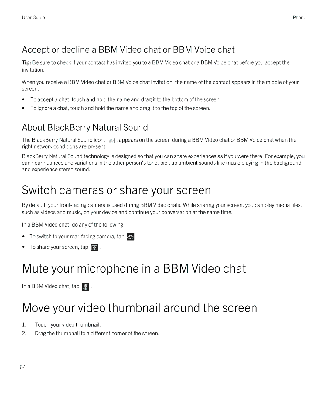 Blackberry Q5 manual Switch cameras or share your screen, Mute your microphone in a BBM Video chat 