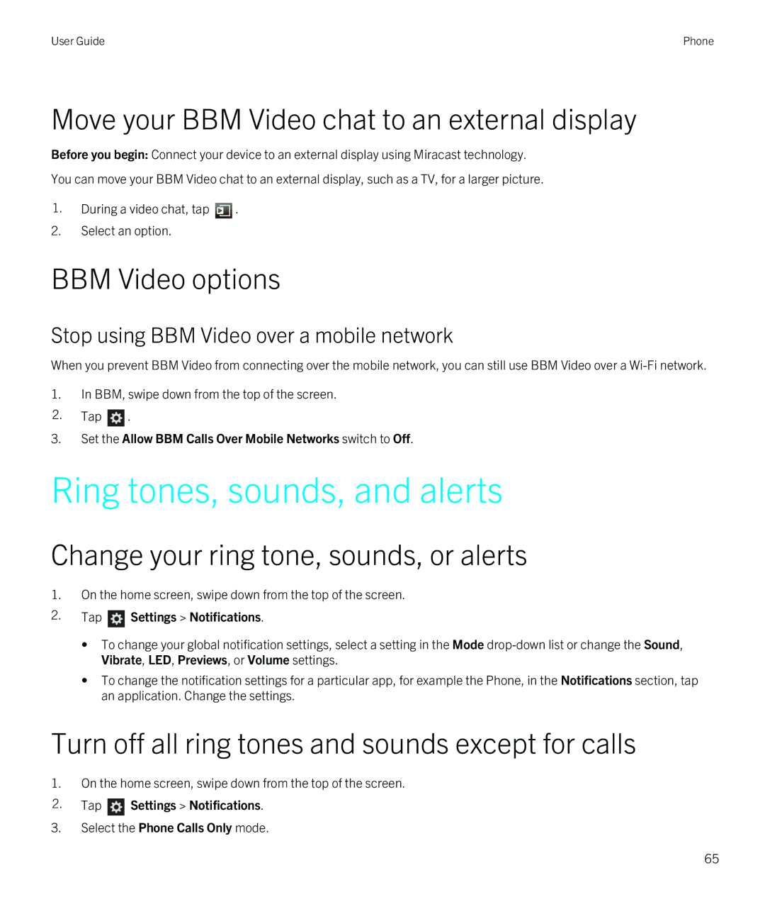 Blackberry Q5 manual Ring tones, sounds, and alerts, Move your BBM Video chat to an external display, BBM Video options 