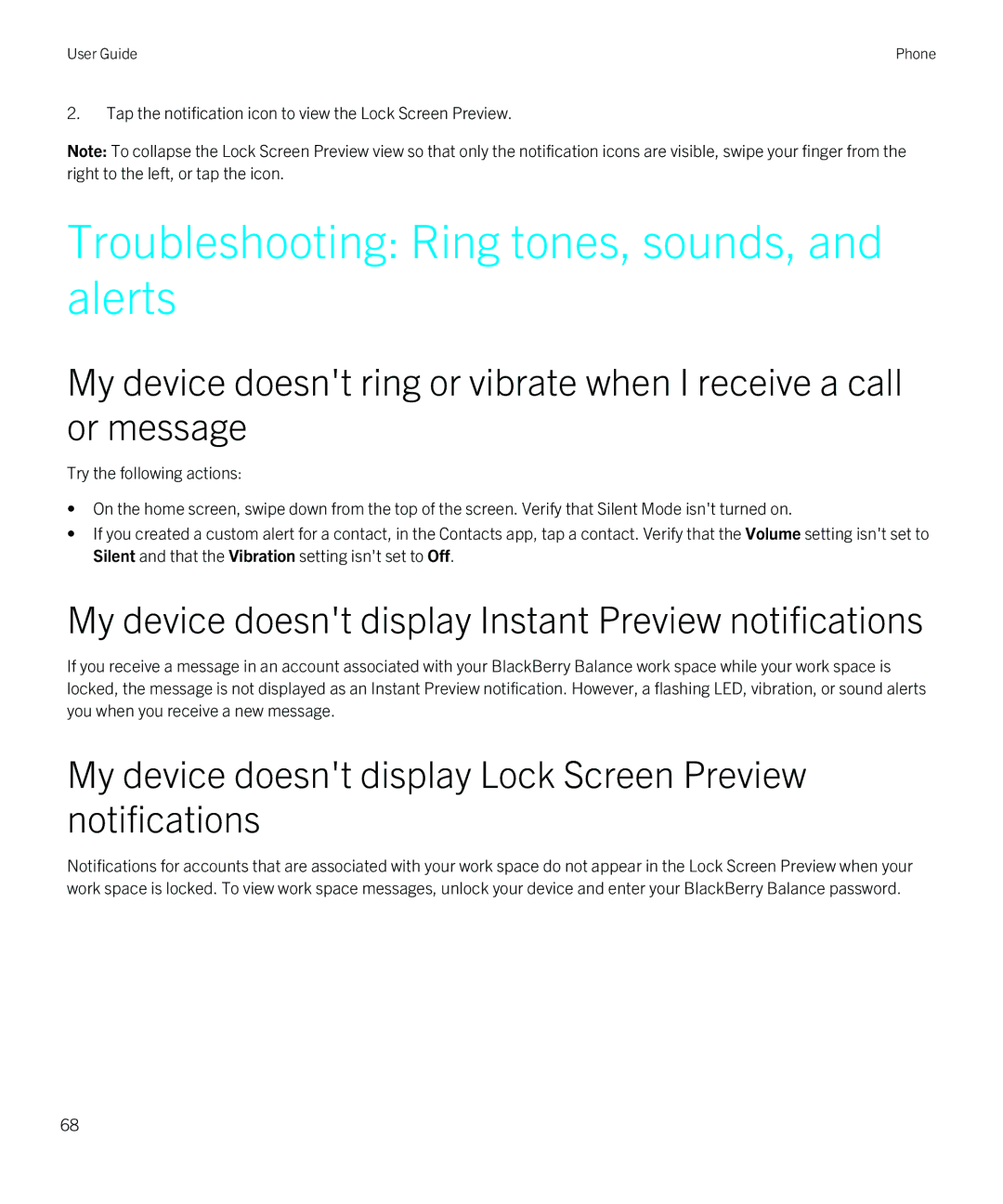 Blackberry Q5 manual Troubleshooting Ring tones, sounds, and alerts, My device doesnt display Instant Preview notifications 