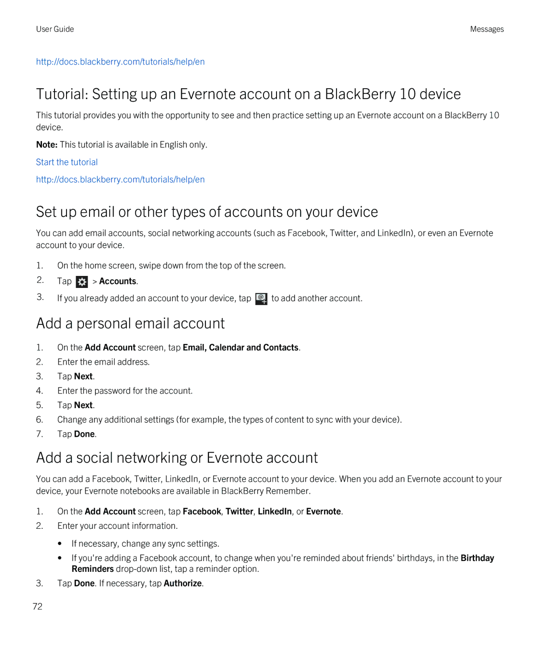 Blackberry Q5 manual Add a personal email account, Add a social networking or Evernote account 