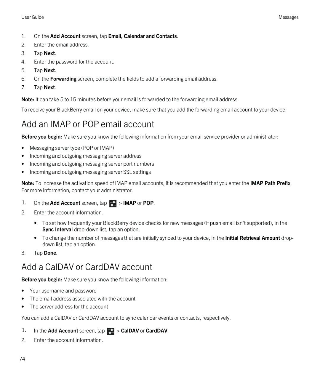 Blackberry Q5 manual Add an Imap or POP email account, Add a CalDAV or CardDAV account 