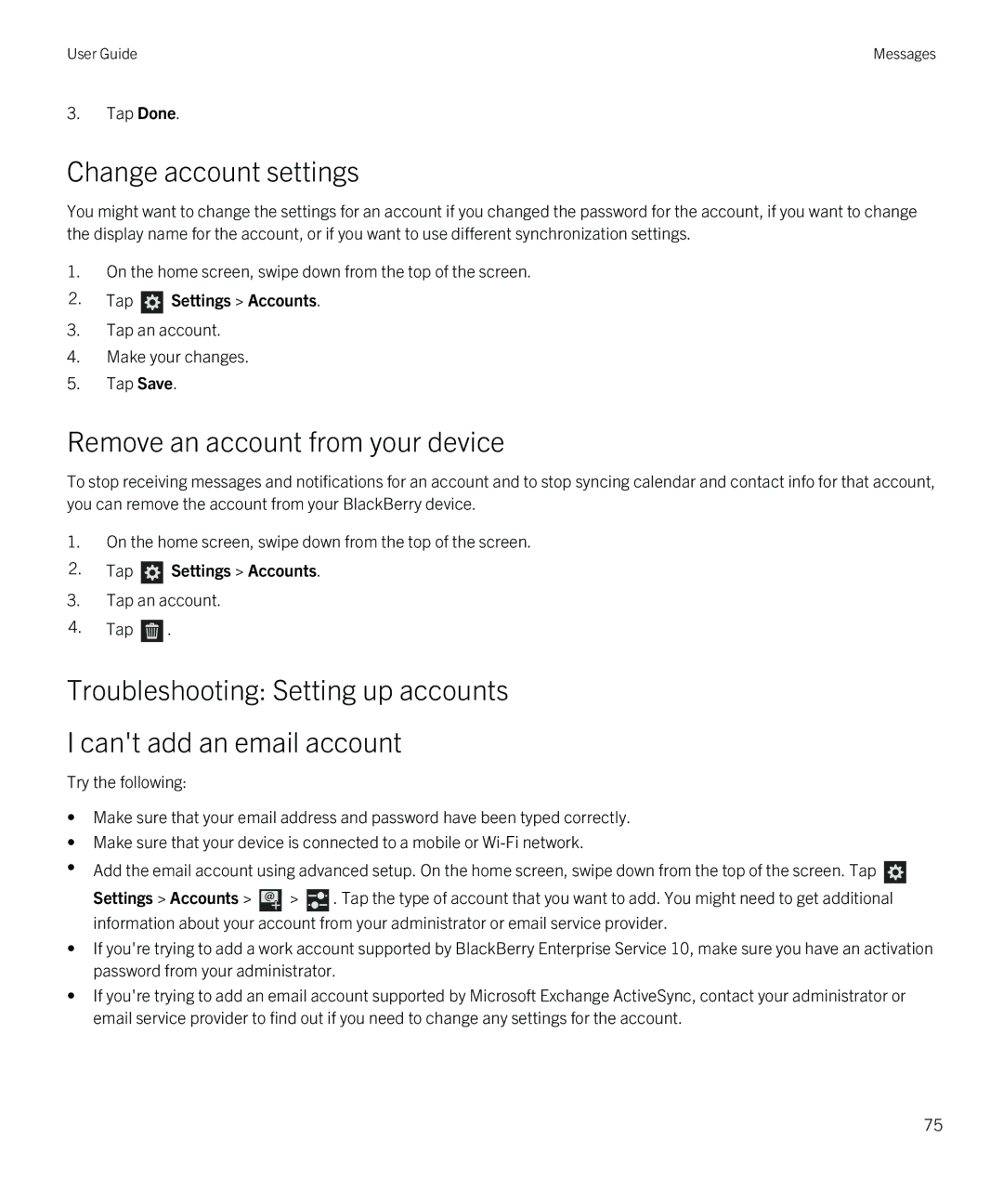 Blackberry Q5 manual Change account settings, Remove an account from your device, Tap Settings Accounts 