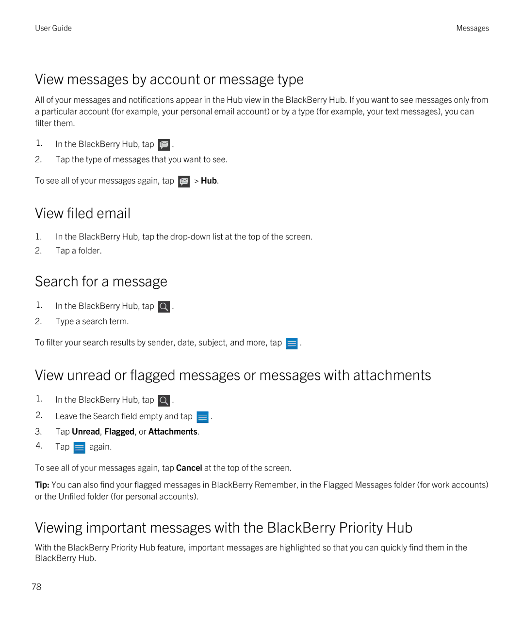 Blackberry Q5 manual View messages by account or message type, View filed email, Search for a message 