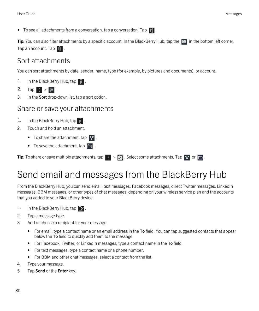 Blackberry Q5 manual Send email and messages from the BlackBerry Hub, Sort attachments, Share or save your attachments 