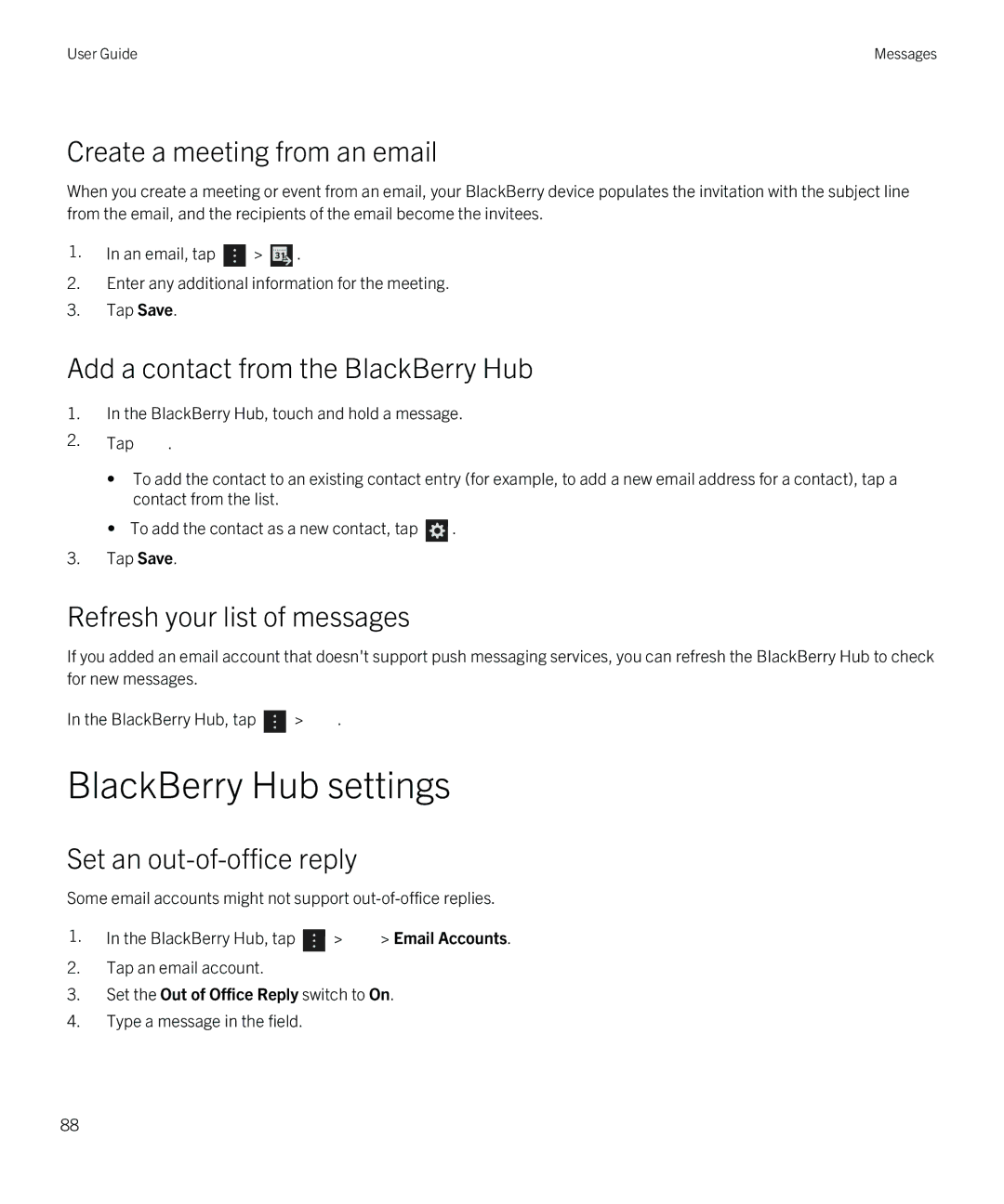 Blackberry Q5 manual BlackBerry Hub settings, Create a meeting from an email, Add a contact from the BlackBerry Hub 