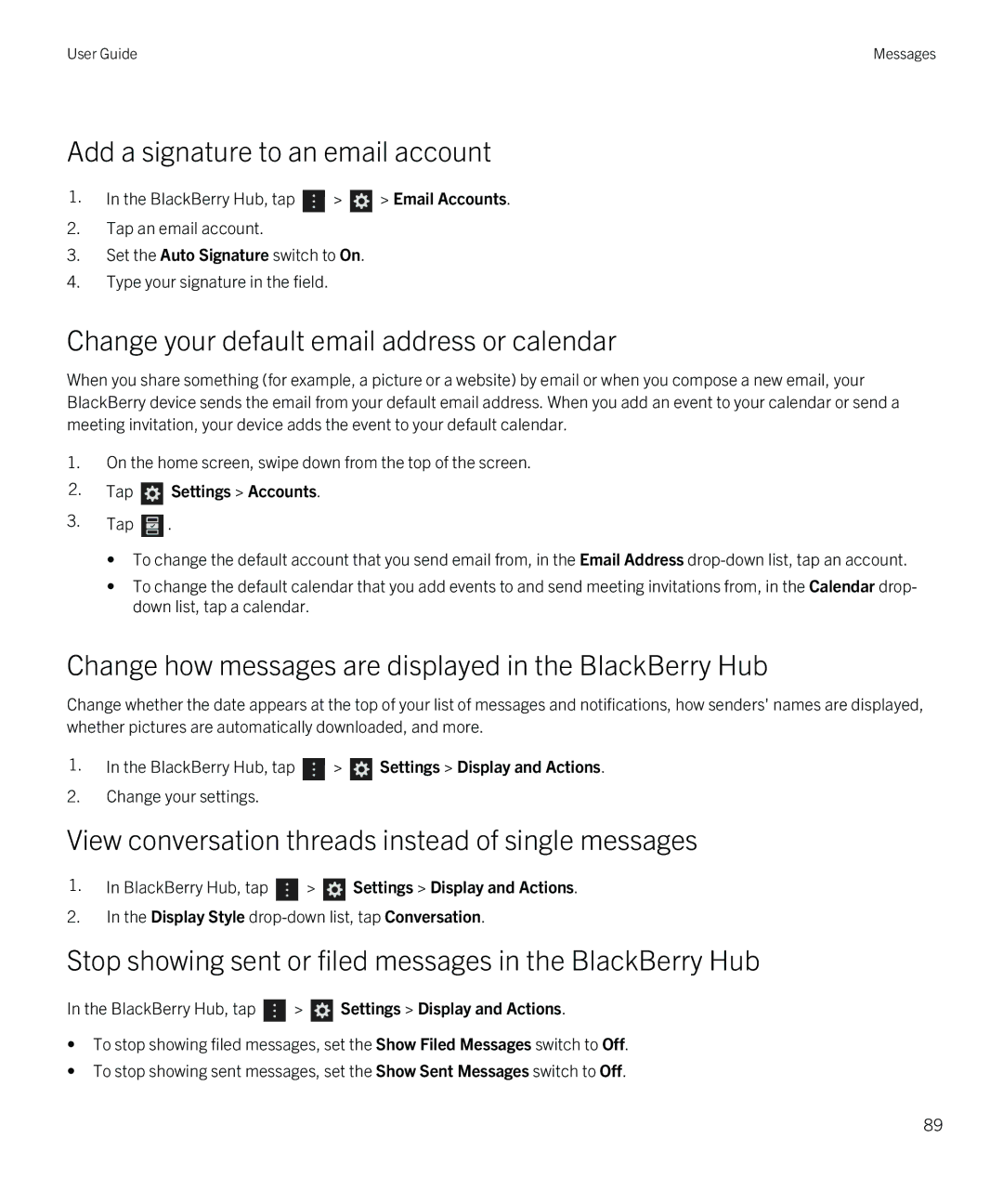 Blackberry Q5 manual Add a signature to an email account, Change your default email address or calendar 